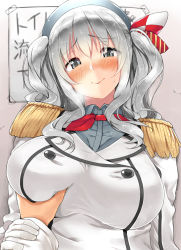 Rule 34 | 10s, 1girl, b-ginga, beret, blush, breasts, buttons, cleavage, closed mouth, deep skin, double-breasted, epaulettes, eyebrows, eyes visible through hair, grabbing, grabbing another&#039;s breast, grabbing another's breast, grey eyes, grey hair, guided breast grab, guiding hand, hair between eyes, hat, holding another&#039;s wrist, huge breasts, impossible clothes, impossible shirt, kantai collection, kashima (kancolle), kerchief, long hair, looking at viewer, out of frame, pov, pov hands, shirt, smile, solo focus, striped, sweat, tape, text focus, translation request, two side up, upper body, wavy hair