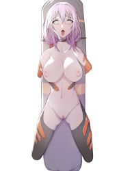 Rule 34 | 1girl, asphyxiation, bound, breasts, choked, cleavage, corpse, death, empty eyes, facing viewer, female focus, full body, guilty crown, hanged, highres, medium breasts, nude, open mouth, pink hair, rbqinori, sandbag, simple background, solo, white background, white eyes, yuzuriha inori