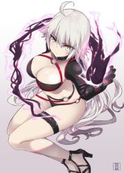 Rule 34 | 1girl, ahoge, belt, bikini, black bikini, black choker, black fire, black gloves, black jacket, breasts, choker, cleavage, closed mouth, collarbone, cropped jacket, dragon, fate/grand order, fate (series), fire, gloves, high heels, hip focus, jacket, jeanne d&#039;arc alter (swimsuit berserker) (fate), jeanne d&#039;arc (fate), jeanne d&#039;arc alter (fate), jeanne d&#039;arc alter (swimsuit berserker) (fate), large breasts, legs, long hair, looking at viewer, murio, o-ring, o-ring bikini, shrug (clothing), silver hair, simple background, solo, swimsuit, thigh strap, thighs, very long hair, white background, yellow eyes