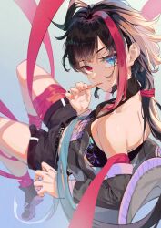 Rule 34 | 1girl, ahoge, belt, black hair, blue background, breasts, cheek tattoo, cross, food, gradient background, heterochromia, jacket, long hair, looking back, luomuzhen, nails, original, pocky, ribbon, ribbon trim, serious, shoes, shorts, small breasts