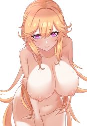 Rule 34 | 1girl, arm at side, arm under breasts, arms under breasts, azur lane, bad id, bad twitter id, blonde hair, blush, breast hold, breasts, check commentary, collarbone, commentary, commentary request, completely nude, cowboy shot, from above, hair between eyes, highres, large breasts, long hair, looking at viewer, navel, nipples, nude, puffy nipples, purple eyes, richelieu (azur lane), sidelocks, simple background, smile, solo, very long hair, white background, zukanosuke