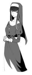 Rule 34 | 1girl, alternate costume, closed mouth, coif, commentary request, cropped legs, cross, cross necklace, dress, greyscale, habit, jewelry, juliet sleeves, kill la kill, kiryuuin satsuki, long hair, long sleeves, looking at viewer, looking to the side, monochrome, necklace, not anpn, nun, own hands clasped, own hands together, puffy sleeves, sidelocks, simple background, sleeve cuffs, solo, traditional nun