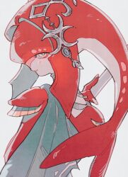 Rule 34 | 1girl, bright pupils, closed mouth, colored skin, fish girl, from behind, highres, holding, jewelry, looking back, mipha, nintendo, oharu-chan, orange eyes, red skin, simple background, smile, solo, the legend of zelda, upper body, white background, white nails, white pupils, zora