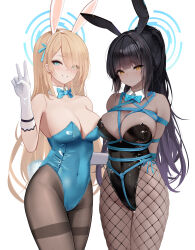 Rule 34 | 2girls, absurdres, animal ears, aqua leotard, arms behind back, asuna (blue archive), asuna (bunny) (blue archive), awaji, bdsm, black hair, blue archive, blue bow, blue bowtie, blue eyes, bondage, bound, bound arms, bow, bowtie, breasts, brown pantyhose, commentary request, cowboy shot, crotch rope, dark-skinned female, dark skin, detached collar, fake animal ears, fake tail, fishnet pantyhose, fishnets, gloves, hair over one eye, halo, highleg, highleg leotard, highres, karin (blue archive), karin (bunny) (blue archive), large breasts, leotard, light brown hair, long hair, looking at viewer, multiple girls, official alternate costume, pantyhose, playboy bunny, purple hair, rabbit ears, rabbit tail, restrained, shibari, shibari over clothes, simple background, smile, standing, strapless, strapless leotard, tail, thighband pantyhose, traditional bowtie, v, very long hair, white background, white gloves, yellow eyes