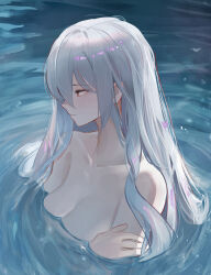 Rule 34 | 1girl, absurdres, arknights, bathing, breasts, cleavage, closed mouth, collarbone, completely nude, grey hair, highres, large breasts, long hair, looking down, nude, partially submerged, red eyes, skadi (arknights), solo, upper body, very long hair, water, wawamachi (wawamachis)