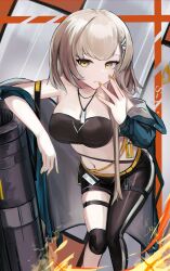 Rule 34 | 1girl, absurdres, arknights, asymmetrical clothes, bandeau, bare shoulders, black bandeau, black pants, breasts, commentary request, dog tags, feet out of frame, fire whistle (arknights), grey hair, hair ornament, hairclip, hand up, highres, large breasts, leggings, long hair, looking at viewer, midriff, mizuhashi parusui, navel, pants, single pantsleg, solo, standing, stomach, strapless, thighs, tube top, very long hair, yellow eyes