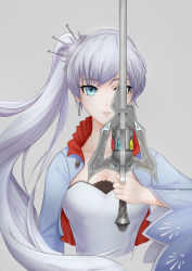 Rule 34 | 1girl, breasts, cleavage, collarbone, cropped torso, earrings, highres, holding, holding sword, holding weapon, jewelry, one eye covered, parted lips, ponytail, qingwa fu luo, rwby, simple background, solo, sword, weapon, weiss schnee