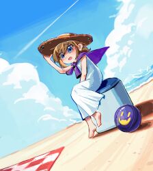 1girl :d a_hat_in_time alternate_costume ball barefoot beach blanket blue_eyes blue_sky brown_hair brown_hat child cloud commentary day dot_nose dress fangs full_body gompang1125 hair_tie hand_on_headwear hand_on_lap hashtag-only_commentary hat hat_kid highres looking_at_viewer medium_hair ocean open_mouth outdoors picnic_blanket plaid_blanket ponytail purple_shirt sand shirt shirt_on_shoulders sidelocks sitting skin_fangs sky smile snatcher_(a_hat_in_time) solo sun_hat sundress toes white_dress