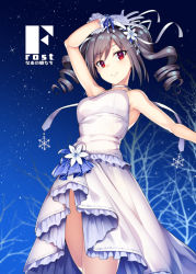 Rule 34 | 1girl, arm up, armpits, bare tree, black hair, blush, breasts, closed mouth, cowboy shot, dress, drill hair, flower, frilled dress, frills, from below, gloves, gradient sky, hair flower, hair ornament, idolmaster, idolmaster cinderella girls, kanzaki ranko, kouda hayato (e-gis), looking at viewer, looking down, medium breasts, night, night sky, outdoors, red eyes, sky, sleeveless, sleeveless dress, smile, snowflakes, solo, sparkle, standing, star (sky), starry sky, translation request, tree, twin drills, twintails, white dress, white flower, white gloves