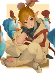 Rule 34 | 1boy, artist name, bird, black gloves, blonde hair, blue eyes, border, brown jacket, brown pants, chicken, earrings, full body, gloves, hair ornament, highres, indian style, ivy (sena0119), jacket, jewelry, link, long sleeves, male focus, nintendo, pants, pointy ears, sitting, solo, the legend of zelda, the legend of zelda: breath of the wild, topknot, white border