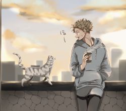 Rule 34 | absurdres, barururunru, blonde hair, boku no hero academia, cat, cityscape, coffee cup, cup, disposable cup, eye contact, facial hair, hawks (boku no hero academia), highres, hood, hoodie, leaning on object, long sleeves, looking at another, scar, scar on neck, short hair, skyline, steam, stone wall, wall
