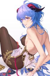 Rule 34 | 1girl, ahoge, arm support, back, backless outfit, bare arms, bare back, bare shoulders, bell, blue hair, blush, bodystocking, bodysuit, bodysuit under clothes, unworn bow, breasts, brown bodysuit, brown pantyhose, chinese knot, cowbell, dressing, ganyu (genshin impact), genshin impact, gloves, unworn gloves, goat horns, gold trim, gradient background, highres, horns, idasu (hyun9164), knees up, leaning back, long hair, looking at viewer, low ponytail, medium breasts, pantyhose, parted lips, purple eyes, shoes, unworn shoes, simple background, sitting, unworn sleeves, smile, solo, thighs, vision (genshin impact), white background