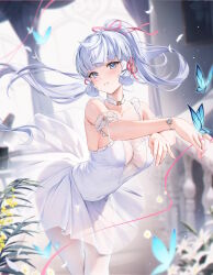 Rule 34 | 1girl, absurdres, alternate costume, arm garter, ayaka (genshin impact), bare shoulders, bead bracelet, beads, blue butterfly, blue eyes, blunt tresses, blurry, bracelet, breasts, bug, butterfly, choker, cleavage, covered navel, dancing, depth of field, dress, floating hair, flower, genshin impact, hair ribbon, hands up, highres, houkisei, insect, jewelry, leaf, leaning forward, light smile, looking at viewer, medium breasts, mole, mole under eye, pantyhose, parted lips, picture frame, pink ribbon, ponytail, ribbon, see-through, see-through cleavage, sleeveless, sleeveless dress, solo, spaghetti strap, string, string around finger, string of fate, tress ribbon, tutu, white choker, white dress, white flower, white hair, white pantyhose, yellow flower