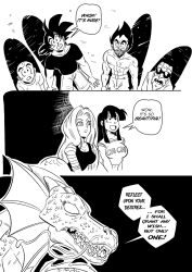Rule 34 | 2girls, 4boys, alternate universe, android 18, bald, beard, black hair, black shirt, breasts, chi-chi (dragon ball), cleavage, comic, commentary, dragon, dragon ball, dragon ball (object), dragonball z, facial hair, fins, funsexydb, glowing, greyscale, highres, kuririn, large breasts, long hair, monochrome, multiple boys, multiple girls, mustache, muten roushi, name on shirt, old, old man, shenron (dragon ball), shirt, son goku, spiked hair, striped sleeves, stubble, sunglasses, topless male, vegeta