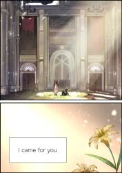 Rule 34 | 1boy, 1girl, aerith gainsborough, architecture, arms behind back, blonde hair, brown hair, church, cloud strife, door, dress, english text, final fantasy, final fantasy vii, final fantasy vii remake, flower, flower bed, halu-ca, highres, indoors, jacket, leaning forward, lily (flower), long dress, looking at another, pink dress, red jacket, sequential, sitting, square enix, sunlight, yellow flower