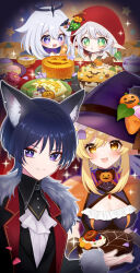 1boy 3girls alternate_costume animal_ears aranara_(genshin_impact) arm_at_side ascot black_bow black_hair black_halo black_sleeves black_suit black_vest blonde_hair blunt_ends blush boo_tao_(genshin_impact) bow bowtie breasts cake candied_ajilenakh_nut_(genshin_impact) character_hat_ornament chocolate chocolate_cake cleavage clenched_hands closed_mouth cross-shaped_pupils dress drooling eyelashes eyeliner eyeshadow flower food formal frilled_dress frills fur-trimmed_sleeves fur_trim genshin_impact green_eyes green_pupils hair_between_eyes hair_flower hair_ornament halloween halloween_costume halo hat hat_bow hat_ornament henna_berry_(genshin_impact) highres holding holding_saucer jack-o&#039;-lantern jack-o&#039;-lantern_hat_ornament jack-o&#039;-lantern_ornament jacket lapels leaf leaf_hat_ornament long_sleeves looking_at_food looking_at_viewer lumine_(genshin_impact) makeup mechanical_halo multiple_girls nahida_(genshin_impact) naruno_suke_(narunosk) open_hand open_mouth orange_bow orange_sleeves own_hands_together padisarah_pudding paimon_(genshin_impact) pointy_ears pumpkin purple_dress purple_eyes purple_flower purple_hat red_brooch red_eyeliner red_eyeshadow red_hood rose_custard_(genshin_impact) saliva saucer scaramouche_(cat)_(genshin_impact) scaramouche_(genshin_impact) short_hair short_hair_with_long_locks sidelocks slime_(genshin_impact) smile sparkling_eyes star_(symbol) suit suit_jacket symbol-shaped_pupils tahchin twitter_username v-shaped_eyebrows vest wanderer_(genshin_impact) white_ascot white_hair witch_hat wolf_ears yellow_eyes