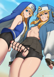 Rule 34 | 2boys, bike shorts, blonde hair, blue eyes, bridget (guilty gear), bulge, censored, dual persona, fingerless gloves, from below, gloves, grin, guilty gear, guilty gear strive, guilty gear xx, highres, long hair, male focus, multiple boys, multiple penises, nipples, penis, penises touching, selfcest, shorts, skirt, smile, testicles, torn clothes, trap, yaoi, zipsha