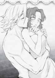 Rule 34 | 1boy, 1girl, arm around waist, blush, breasts, closed eyes, closed mouth, couple, douma (kimetsu no yaiba), eyelashes, flipped hair, forked eyebrows, from side, gradient background, greyscale, hair down, hamiko (hakogardenmiko), hands up, hetero, highres, hug, hug from behind, imminent kiss, kimetsu no yaiba, kochou shinobu, looking at viewer, medium breasts, monochrome, naked towel, nude, open mouth, parted bangs, profile, short hair, towel, twitter username, upper body