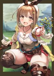 Rule 34 | 1girl, :d, atelier (series), atelier ryza, atelier ryza 1, belt, blue belt, blurry, blurry background, boots, breasts, bridal legwear, brown belt, brown eyes, brown gloves, cleavage, commentary request, flask, gloves, hair ornament, hairclip, highres, jacket, jewelry, leather, leather belt, leather gloves, looking at viewer, medium breasts, necklace, open mouth, outdoors, outstretched hand, pouch, red shorts, reisalin stout, round-bottom flask, short shorts, shorts, single glove, sleeveless, sleeveless jacket, smile, soma (somaing1005), squatting, star (symbol), star necklace, thigh pouch, thighhighs, thighhighs under boots, thighs, toeless footwear, vial, white headwear, yellow jacket