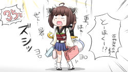 Rule 34 | 1girl, ahoge, backpack, bag, black footwear, blue skirt, brown hair, closed umbrella, commentary request, headgear, highres, holding, holding bag, japanese clothes, kimono, long sleeves, looking away, looking up, neon-tetora, obi, open mouth, pleated skirt, red eyes, sandals, sash, skirt, sleeves past wrists, socks, solo, standing, sunlight, sweat, touhoku kiritan, translation request, trembling, twintails, umbrella, v-shaped eyebrows, voiceroid, wavy mouth, white background, white kimono, white socks, yellow umbrella, zouri