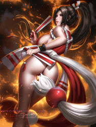 Rule 34 | 1girl, artist name, ass, breasts, brown eyes, brown hair, fatal fury, female focus, fire, folded fan, folding fan, hand fan, highres, holding, holding fan, large breasts, liang xing, long hair, looking at viewer, matching hair/eyes, ninja, patreon, patreon username, ponytail, revealing clothes, shiranui mai, sideboob, signature, snk, solo, standing, the king of fighters, thighs, very long hair, watermark, web address