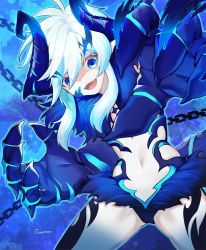 Rule 34 | 1girl, armor, artist name, blue background, blue eyes, blue horns, chain, commentary request, demon, demon girl, demon horns, elsword, fangs, fur trim, guamon, hair between eyes, horns, iblis (elsword), leg tattoo, long hair, looking at viewer, luciela r. sourcream, navel, open mouth, pointy ears, short hair, solo, star-shaped pupils, star (symbol), symbol-shaped pupils, tattoo, white hair