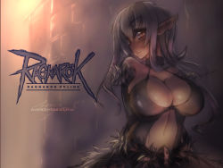 Rule 34 | 1girl, black shirt, blush, breasts, brown eyes, cape, choker, cleavage, commentary, copyright name, detached sleeves, deviantart username, english commentary, fur-trimmed cape, fur-trimmed sleeves, fur trim, grey hair, hair between eyes, highres, large breasts, long hair, looking at viewer, pointy ears, ragnarok online, revealing clothes, shirt, signature, solo, stalker (ragnarok online), upper body, waist cape, zerion