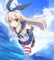 Rule 34 | 10s, 1girl, bad id, bad pixiv id, black panties, blonde hair, blush, cloud, day, elbow gloves, gloves, green eyes, hairband, jetstream, kantai collection, long hair, looking at viewer, navel, panties, personification, shimakaze (kancolle), skirt, sky, smile, solo, striped clothes, striped thighhighs, thighhighs, totokichi, underwear, water, white gloves