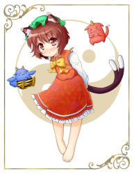 Rule 34 | 1girl, animal ears, bad feet, barefoot, blue oni, brown eyes, brown hair, cat ears, cat girl, cat tail, chen, earrings, face, female focus, framed, hat, highres, jewelry, leaning forward, marimo inu, multiple tails, oni, red oni, solo, tail, touhou, yin yang