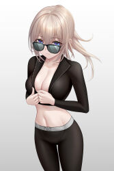 Rule 34 | 1girl, absurdres, alternate costume, black jacket, black leggings, black pants, blonde hair, blue eyes, breasts, cleavage, closed mouth, collarbone, commentary, constantine-xii, cropped jacket, feet out of frame, girls&#039; frontline, hands on own chest, highres, jacket, leggings, long hair, long sleeves, looking at viewer, medium breasts, navel, pants, scar-h (girls&#039; frontline), short ponytail, smile, solo, sportswear, standing, stomach, sunglasses, track jacket, white background, yoga pants