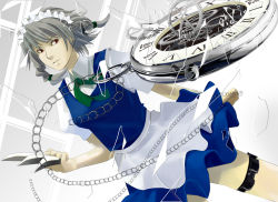 Rule 34 | 1girl, aki (2000maniacs), apron, bad id, bad pixiv id, braid, broken glass, chain, embodiment of scarlet devil, female focus, gears, glass, grey hair, holster, izayoi sakuya, knife, maid, maid apron, maid headdress, perspective, pocket watch, red eyes, roman numeral, short hair, solo, thigh holster, thigh strap, throwing knife, touhou, twin braids, waist apron, watch, weapon