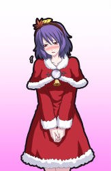 Rule 34 | 1girl, bell, blush, capelet, christmas, dress, female focus, h-new, own hands clasped, highres, leaf, leaf on head, mirror, object on head, own hands together, purple hair, red eyes, rope, santa costume, shimenawa, short hair, solo, touhou, yasaka kanako