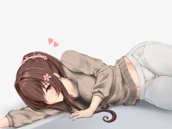 Rule 34 | 1girl, arm support, bad id, bad pixiv id, blush, breasts, brown hair, closed mouth, collarbone, flower, gradient background, grey sweater, hair flower, hair intakes, hair ornament, heart, kantai collection, large breasts, long hair, looking at viewer, lying, midriff, midriff peek, on side, pants, ponytail, purple eyes, ribbed sweater, sidelocks, smile, solo, sweater, twisted torso, white pants, yamato (kancolle), z5987