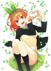 Rule 34 | 1girl, :d, ass, black jacket, black socks, blazer, blue eyes, bow, bowtie, breasts, clover, collared shirt, commentary request, cover, cover page, eyebrows hidden by hair, four-leaf clover, full body, go-toubun no hanayome, green bow, green hairband, green ribbon, green skirt, hair between eyes, hairband, haruba negi, heart, heart hands, highres, jacket, kneehighs, knees up, large breasts, long sleeves, looking at viewer, lying, medium hair, nakano yotsuba, official art, on back, open clothes, open jacket, open mouth, orange hair, plaid, plaid bow, pleated skirt, ribbon, shadow, shirt, sidelocks, simple background, skirt, smile, socks, solo, sweater vest, teeth, textless version, white background, white shirt, yellow sweater vest