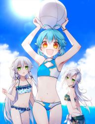 Rule 34 | 3girls, :d, ahoge, alternate costume, altina orion, aqua bikini, aqua hair, arm behind back, armpits, arms up, asymmetrical bangs, ball, bandeau, bead bracelet, beads, bikini, blue sky, blush, bracelet, breasts, carrying overhead, cleavage, closed mouth, cloud, cloudy sky, commentary, cowboy shot, eiyuu densetsu, falcom, fie claussell, frilled bikini, frills, green bikini, green eyes, groin, hair between eyes, hair ornament, highres, holding, holding ball, jewelry, lens flare, long hair, looking at viewer, midriff, millium orion, multiple girls, navel, ocean, open mouth, orange eyes, outdoors, parted bangs, polka dot, polka dot bikini, sano (merrymerry), sarong, sen no kiseki, short hair, sidelocks, silver hair, sky, small breasts, smile, straight hair, strapless, sun, swimsuit, symbol-only commentary, tube top, volleyball, volleyball (object), white bikini, x hair ornament