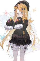 Rule 34 | 1girl, abigail williams (fate), black hat, blonde hair, bloomers, blue eyes, bow, carrot, cowboy shot, crescent, fate/grand order, fate (series), fish, food, fruit, green eyes, hair bow, hat, kele mimi, long sleeves, looking at viewer, multiple hair bows, orange bow, sleeves past fingers, sleeves past wrists, solo, standing, star (symbol), underwear, watermelon, watermelon slice, white background, white bloomers