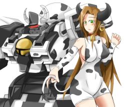 Rule 34 | 1girl, animal ears, armored core, armored core: for answer, bell, breasts, collar, cow, cow ears, cow tail, dress, earrings, female focus, from software, horns, jewelry, mecha, robot, solo, tail, white background