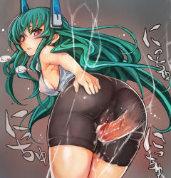Rule 34 | 1girl, bad id, bad pixiv id, bare shoulders, bike shorts, blush, breasts, covered erect nipples, from behind, frottage, green hair, grinding, headgear, hetero, highres, large breasts, long hair, looking at viewer, looking back, menou kaname (taishi), nipples, open mouth, original, penis, purple eyes, pussy juice, robot ears, shorts, solo, solo focus, taishi (picchiridou), thigh sex, through clothes, uncensored, wet