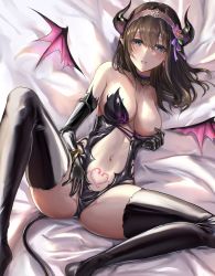Rule 34 | bare shoulders, bat wings, black gloves, black thighhighs, blue eyes, breasts, brown hair, choker, cleavage, demon horns, elbow gloves, gloves, highres, horns, idolmaster, idolmaster cinderella girls, latex, latex thighhighs, long hair, looking at viewer, lying, medium breasts, navel, nyome991, on bed, open mouth, pink tattoo, pointy ears, presenting, pubic tattoo, sagisawa fumika, solo, tail, tattoo, thighhighs, thighs, wings
