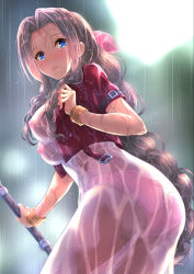 Rule 34 | 1girl, aerith gainsborough, ass, blue eyes, bracelet, breasts, brown hair, commentary request, dress, final fantasy, final fantasy vii, highres, jewelry, large breasts, long hair, looking at viewer, nipples, panties, rain, see-through, short sleeves, solo, toenketsu, underwear, wet, wet clothes, wet dress, wet hair, white dress