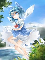 Rule 34 | 1girl, ascot, barefoot, bloomers, blue dress, blue eyes, blue hair, blue sky, cirno, day, dress, artistic error, full body, hair ribbon, highres, ice, ice wings, looking at viewer, matching hair/eyes, open mouth, puffy sleeves, ribbon, short hair, short sleeves, sky, solo, sparkle, touhou, underwear, upskirt, water, wings, wrong foot, zhu xiang