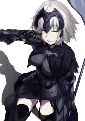 Rule 34 | 1girl, arm up, armor, bags under eyes, breasts, chain, cleavage, fate/grand order, fate (series), from above, gauntlets, grin, headpiece, highres, jeanne d&#039;arc (fate), jeanne d&#039;arc alter (avenger) (fate), jeanne d&#039;arc alter (fate), looking at viewer, open mouth, reverse grip, shimejinameko, short hair, silver hair, simple background, skirt, smile, solo, standing, sword, thighhighs, weapon, white background, yellow eyes