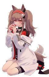 Rule 34 | + +, 1girl, absurdres, afterimage, angelina (arknights), animal ears, arknights, black collar, black footwear, black shirt, black shorts, black socks, blouse, brown hair, collar, cup, drink, drinking, earpiece, fox ears, fox girl, fox tail, hairband, hands up, highres, holding, holding drink, infection monitor (arknights), jacket, long hair, long sleeves, lxjun 09, off shoulder, open clothes, open jacket, red eyes, red hairband, shirt, shoes, short shorts, shorts, sidelocks, simple background, sitting, socks, solo, sparkle, striped clothes, striped hairband, tail, tail wagging, twintails, wariza, white background, white jacket