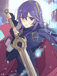 Rule 34 | 1girl, armor, blue cape, blue eyes, blue gloves, blue hair, cape, closed mouth, commentary request, falchion (fire emblem), fingerless gloves, fire emblem, fire emblem awakening, gloves, hair between eyes, holding, holding sword, holding weapon, long hair, long sleeves, looking at viewer, lucina (fire emblem), nintendo, red cape, shoulder armor, smile, solo, sword, tenjin (ahan), tiara, two-tone cape, weapon