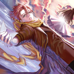 Rule 34 | 1boy, 1girl, brown hair, brown jacket, cloud, dress, dutch angle, facing away, hair between eyes, highres, id :invaded, jacket, looking at viewer, lying, on back, parted lips, scarf, short hair, water, yellow scarf, you shikage