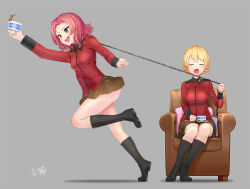 Rule 34 | 10s, 2girls, bad id, bad pixiv id, black skirt, blonde hair, boots, braid, collar, couch, cup, darjeeling (girls und panzer), closed eyes, girls und panzer, grey background, holding, jacket, knee boots, leash, long sleeves, military, military uniform, miniskirt, motion blur, multiple girls, open mouth, pillow, pleated skirt, red eyes, red hair, rosehip (girls und panzer), running, short hair, signature, sitting, skirt, smile, standing, teacup, uniform, yoshiwa tomo