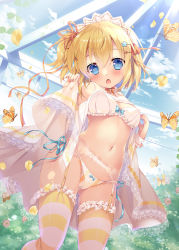 Rule 34 | 1girl, blonde hair, blue eyes, blue sky, blush, bow, bow panties, bra, breasts, bug, butterfly, cameltoe, cloud, cloudy sky, day, falling petals, flower, from below, garter belt, hair between eyes, hair ornament, hair ribbon, headdress, highres, holding, insect, looking at viewer, mikeou, navel, one side up, open mouth, orange ribbon, original, outdoors, panties, petals, ribbon, see-through, short hair, side-tie panties, sky, small breasts, solo, standing, star (symbol), star hair ornament, stomach, striped clothes, striped thighhighs, thighhighs, twitter username, two-tone legwear, underwear, underwear only, watermark, white bra, white panties, white thighhighs, yellow butterfly, yellow thighhighs
