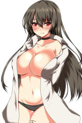 Rule 34 | 10s, 1girl, ar (lover boy), black hair, black panties, blush, breasts, choker, choukai (kancolle), collarbone, covered erect nipples, glasses, hair between eyes, highres, jacket, kantai collection, large breasts, long hair, long sleeves, open clothes, open jacket, panties, red eyes, rimless eyewear, simple background, solo, suggestive fluid, underwear, white background, white jacket