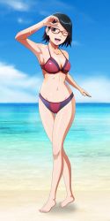 Rule 34 | 1girl, armpits, barefoot, beach, bikini, black eyes, black hair, blue sky, boruto: naruto next generations, breasts, collarbone, day, eyebrows, female focus, full body, glasses, hand up, highres, legs together, looking at viewer, multicolored bikini, multicolored clothes, naruto (series), navel, no pupils, ocean, one eye closed, open mouth, outdoors, red-framed eyewear, shiny skin, short hair, sky, small breasts, smile, solo, standing, swept bangs, swimsuit, teeth, thigh gap, toenails, toes, tongue, uchiha sarada, upper teeth only, wink