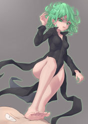 Rule 34 | 1girl, absurdres, barefoot, black dress, breasts, clothes between thighs, collarbone, commentary request, curly hair, dress, feet, green eyes, green hair, grey background, hair between eyes, highres, long sleeves, looking at viewer, miso (b7669726), no panties, one-punch man, open mouth, saitama (one-punch man), scowl, short hair, simple background, small breasts, soles, solo, tatsumaki, toes